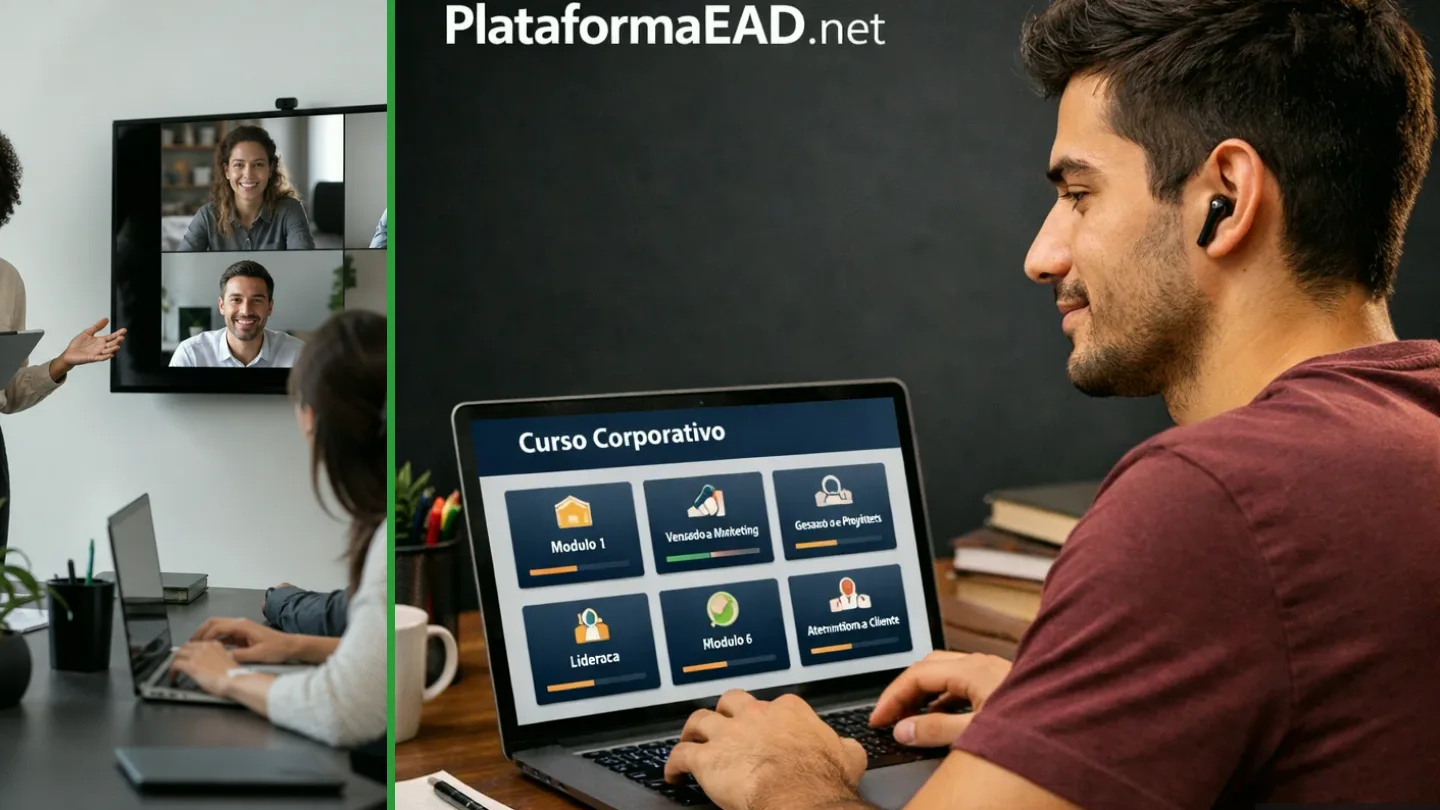 Equipe participando de uma capacitação corporativa híbrida, ilustração do artigo sobre a utilidade de um sistema de gestão de aprendizagem