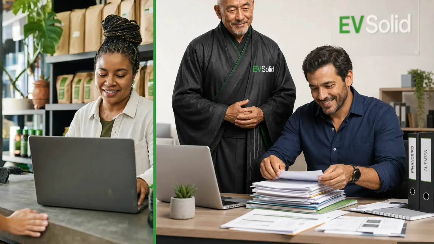 Profissional organizando documentos físicos e digitais em uma rotina de gestão documental, ilustração do artigo sobre o papel do arquivista na avaliação e destinação de documentos