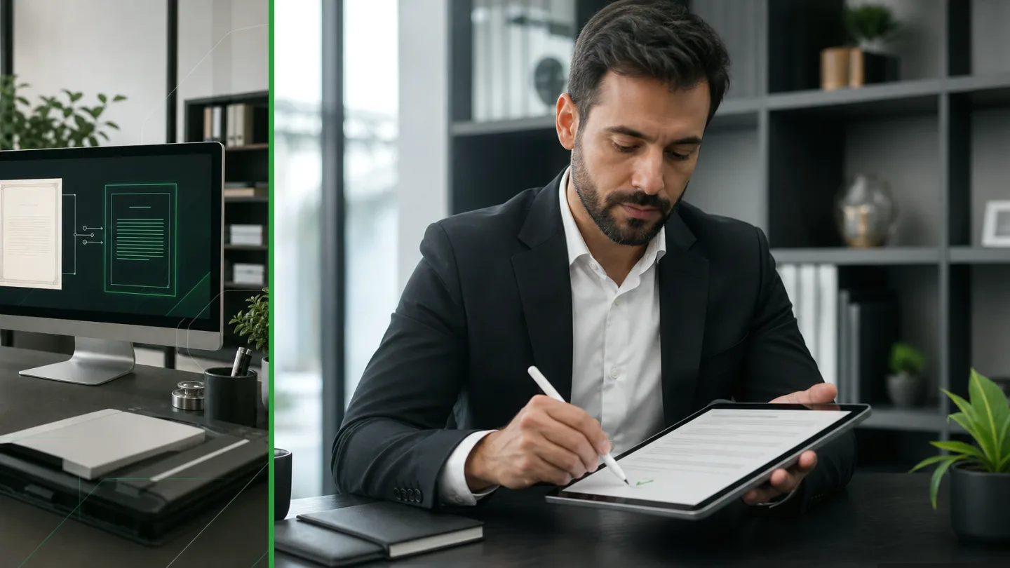 Profissional organizando documentos físicos e digitais em uma rotina de gestão documental, ilustração do artigo sobre benefícios de um ged com workflow