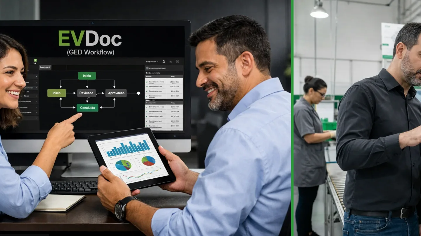 Profissional organizando documentos físicos e digitais em uma rotina de gestão documental, ilustração do artigo sobre evdoc: visão geral da gestão documental e de workflows