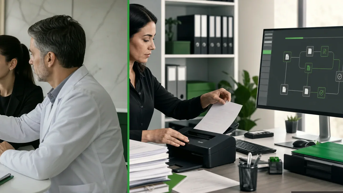 Profissional organizando documentos físicos e digitais em uma rotina de gestão documental, ilustração do artigo sobre gestão documental: princípios, etapas e benefícios
