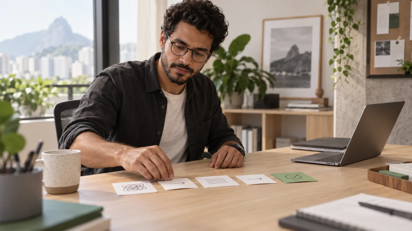 Profissional organiza cartões em uma sequência simples sobre mesa de trabalho.