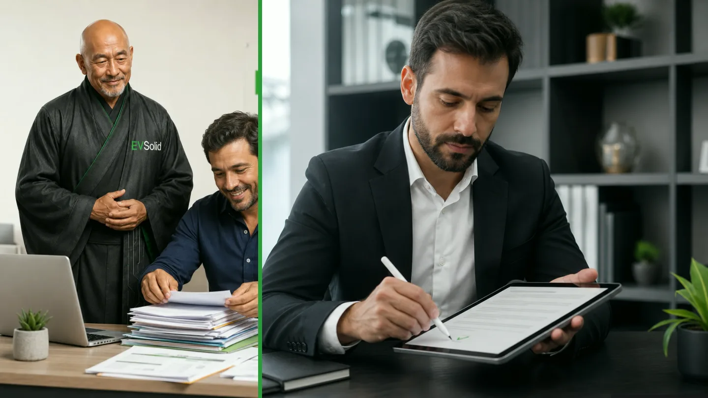 Profissional organizando documentos físicos e digitais em uma rotina de gestão documental, ilustração do artigo sobre a importância do ged