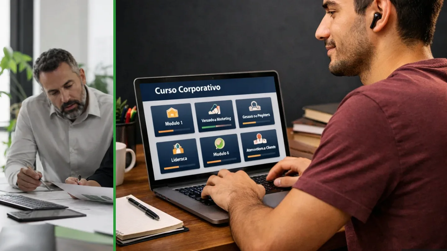 Equipe participando de uma capacitação corporativa híbrida, ilustração do artigo sobre o moodle é gratuito? entenda custos, operação e suporte
