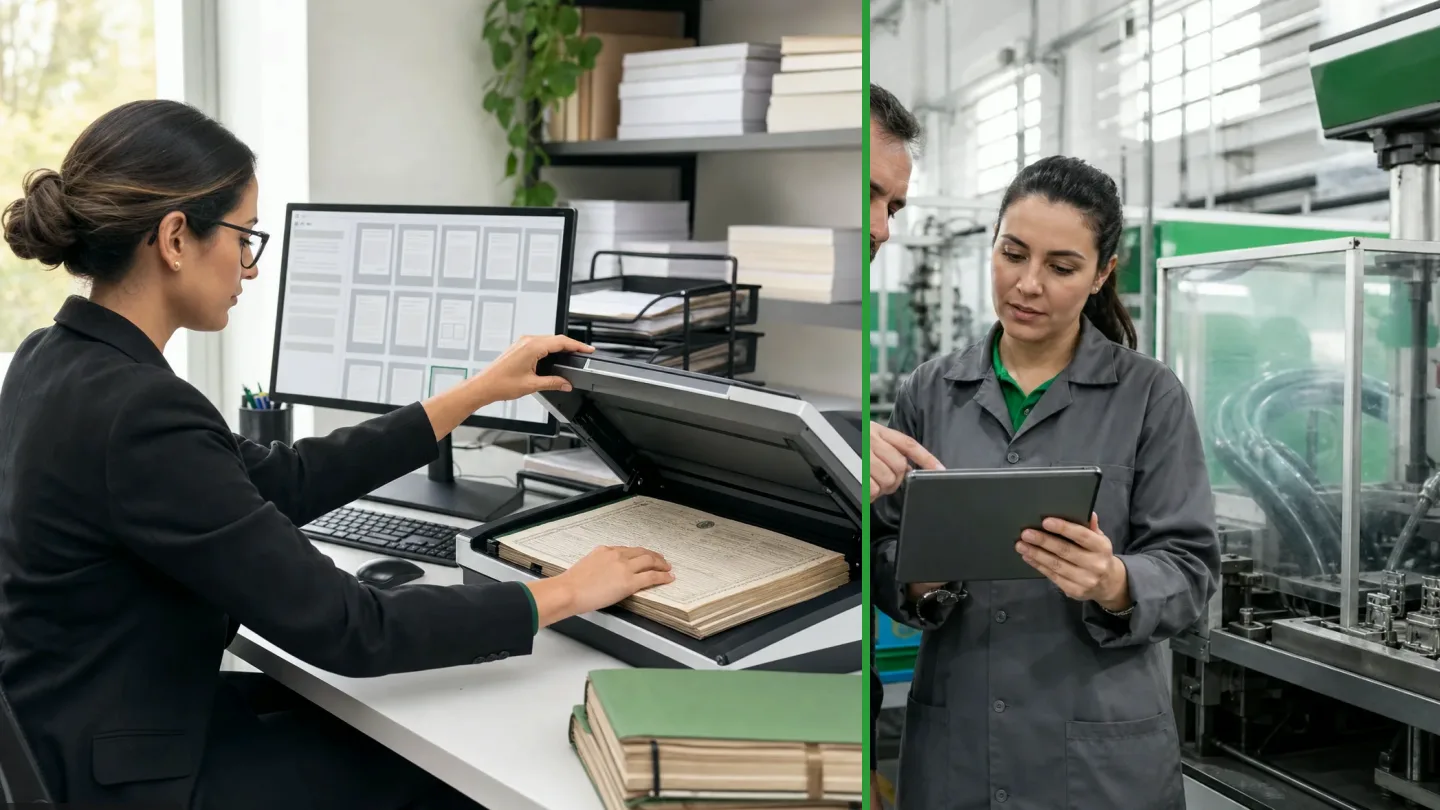 Profissional organizando documentos físicos e digitais em uma rotina de gestão documental, ilustração do artigo sobre o documento digital e o documento digitalizado são a mesma coisa