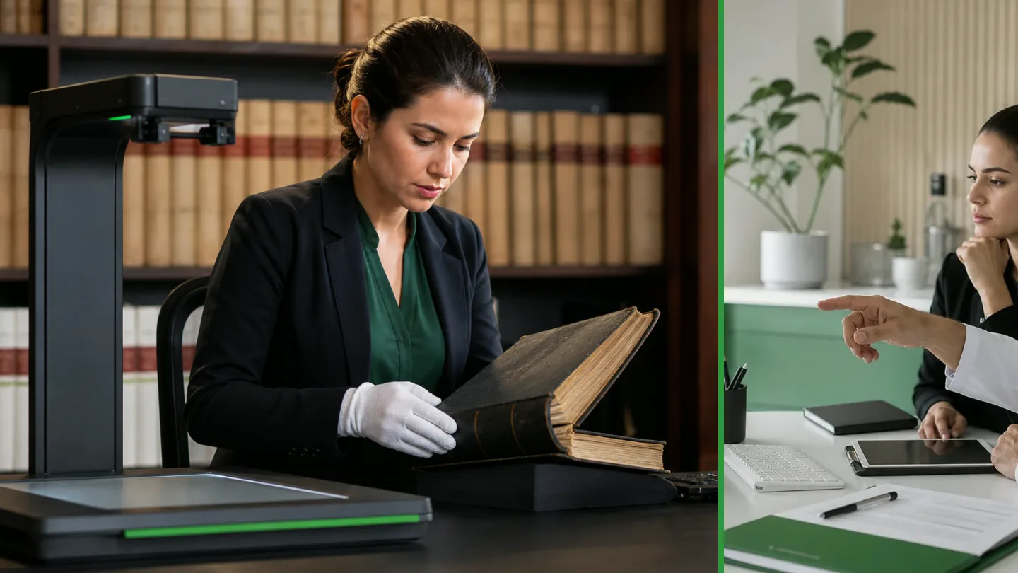 Profissional organizando documentos físicos e digitais em uma rotina de gestão documental, ilustração do artigo sobre documento