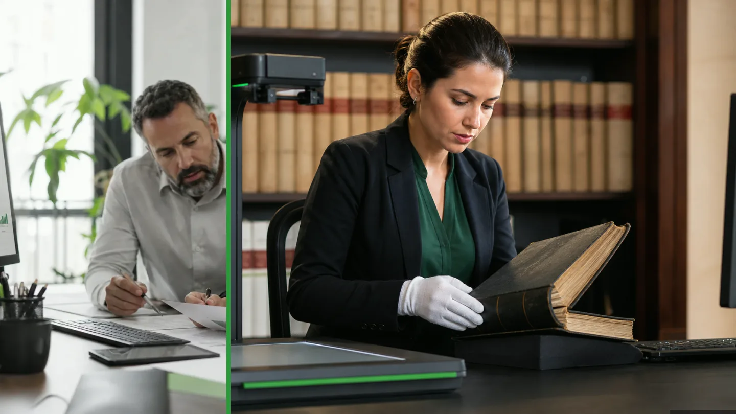 Profissional organizando documentos físicos e digitais em uma rotina de gestão documental, ilustração do artigo sobre ecm