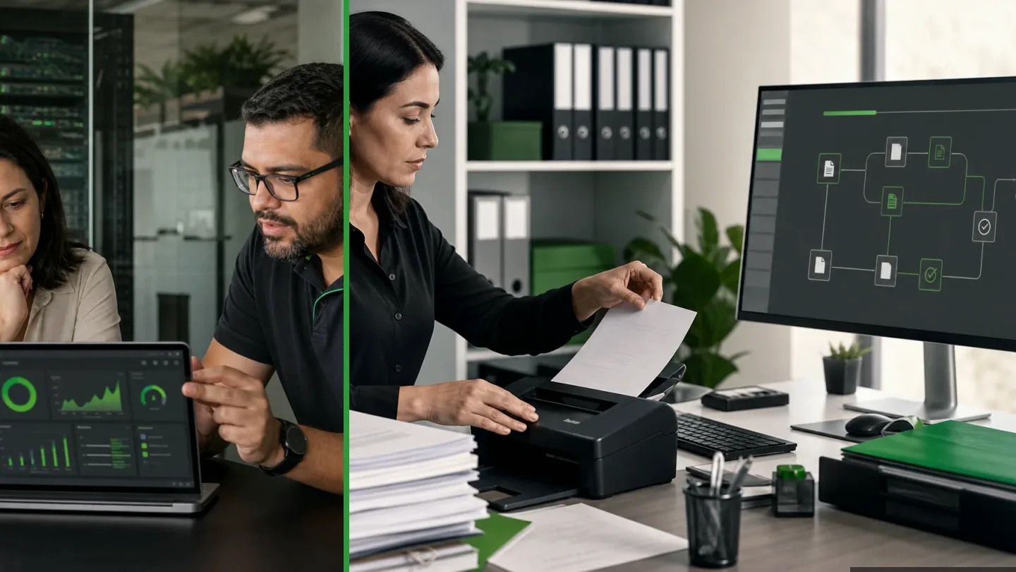 Profissional organizando documentos físicos e digitais em uma rotina de gestão documental, ilustração do artigo sobre necessário fazer para digitalizar um documento