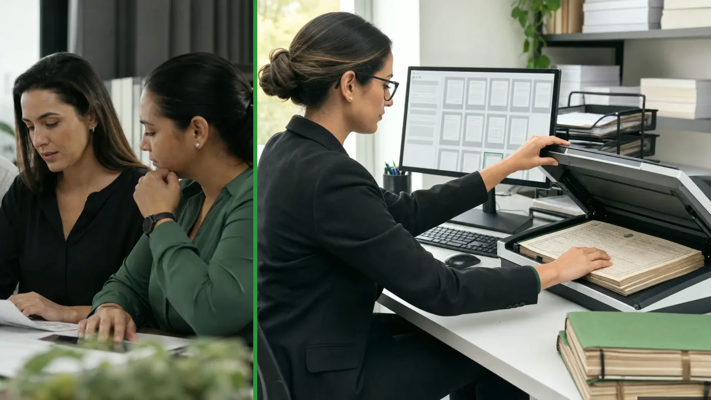 Profissional organizando documentos físicos e digitais em uma rotina de gestão documental, ilustração do artigo sobre melhores práticas para armazenamento de documentos físicos