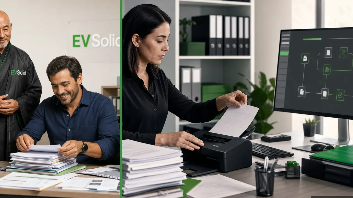 Profissional organizando documentos físicos e digitais em uma rotina de gestão documental, ilustração do artigo sobre vantagens de um sistema eletrônico de documentos