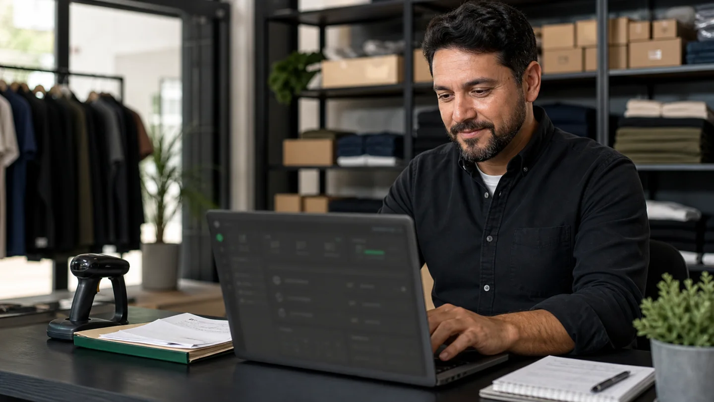 Gestor de pequena empresa usando software de gestão para acompanhar vendas, estoque e operação