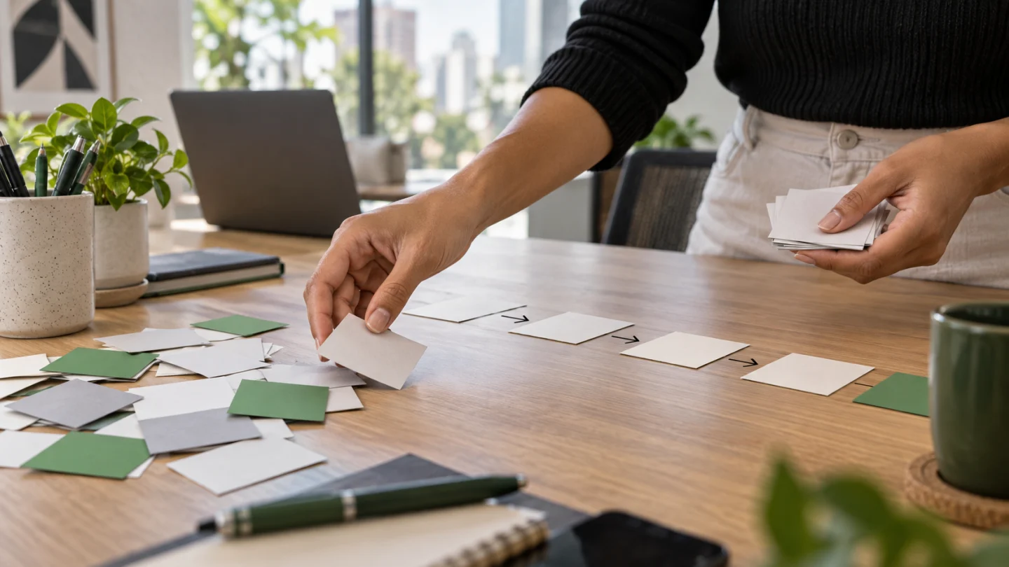 Profissional simplifica cartões de planejamento em uma mesa de trabalho.