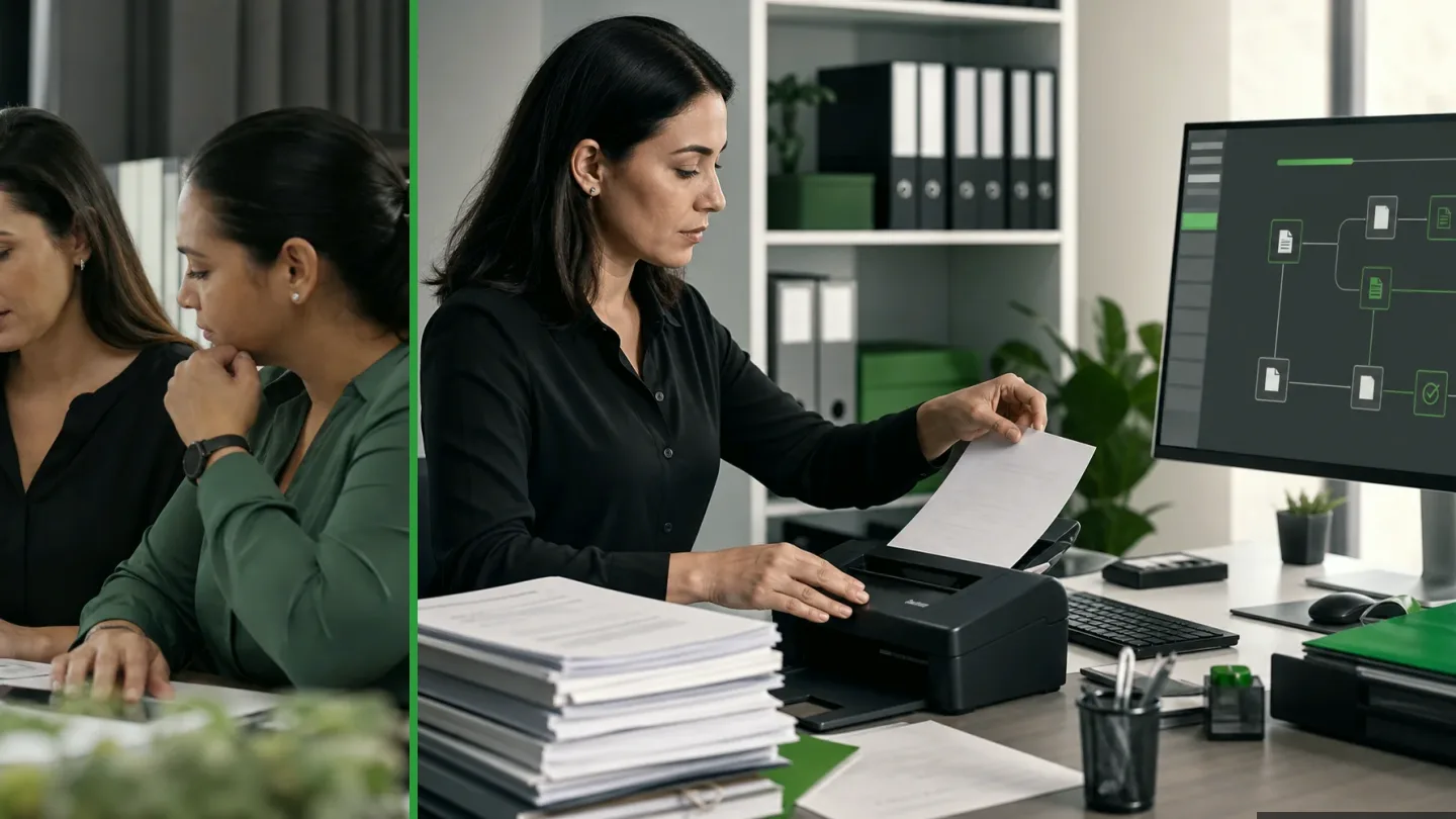 Profissional organizando documentos físicos e digitais em uma rotina de gestão documental, ilustração do artigo sobre workflow visto por outro ângulo