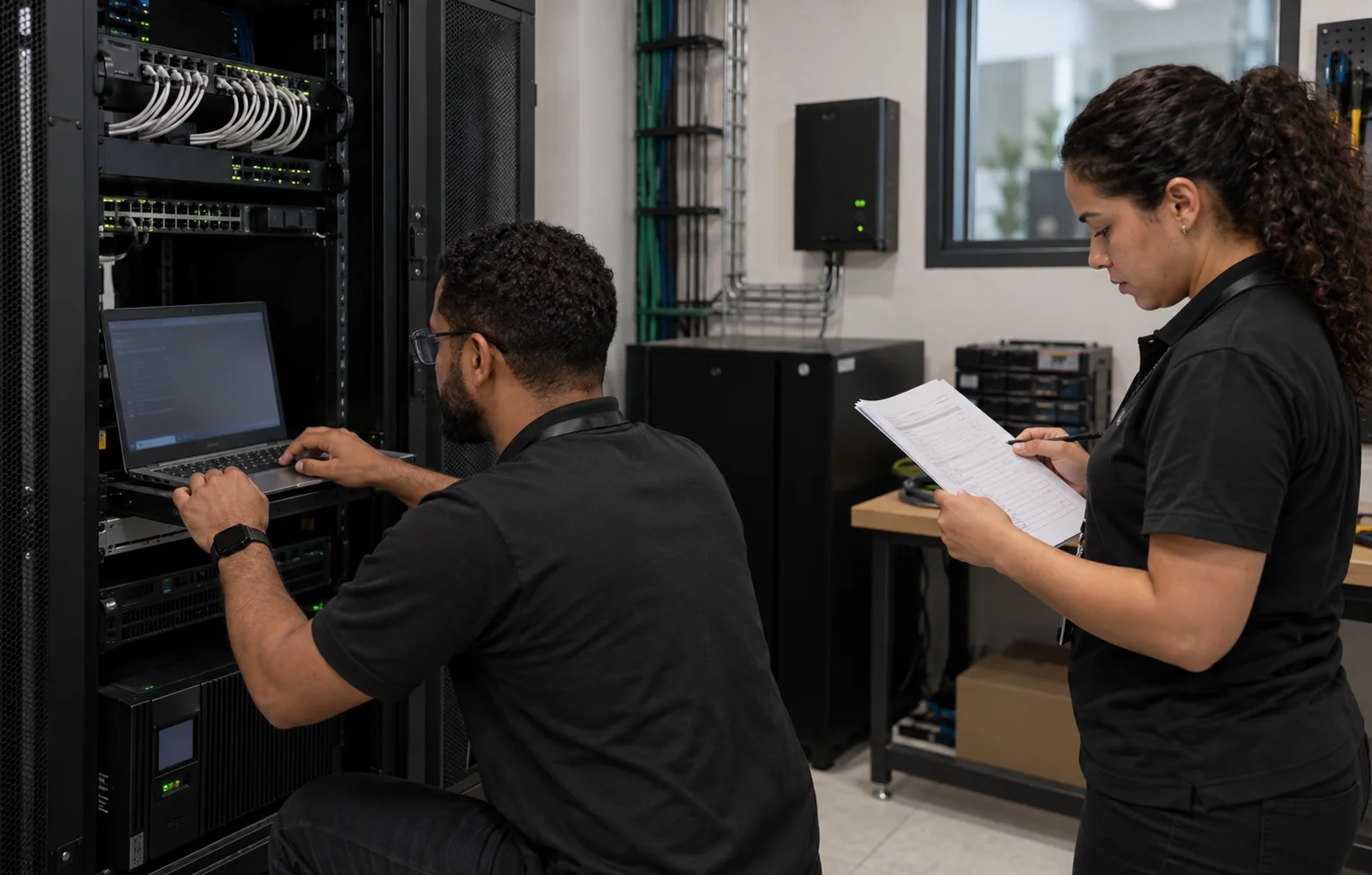 Equipe técnica verificando infraestrutura e continuidade operacional