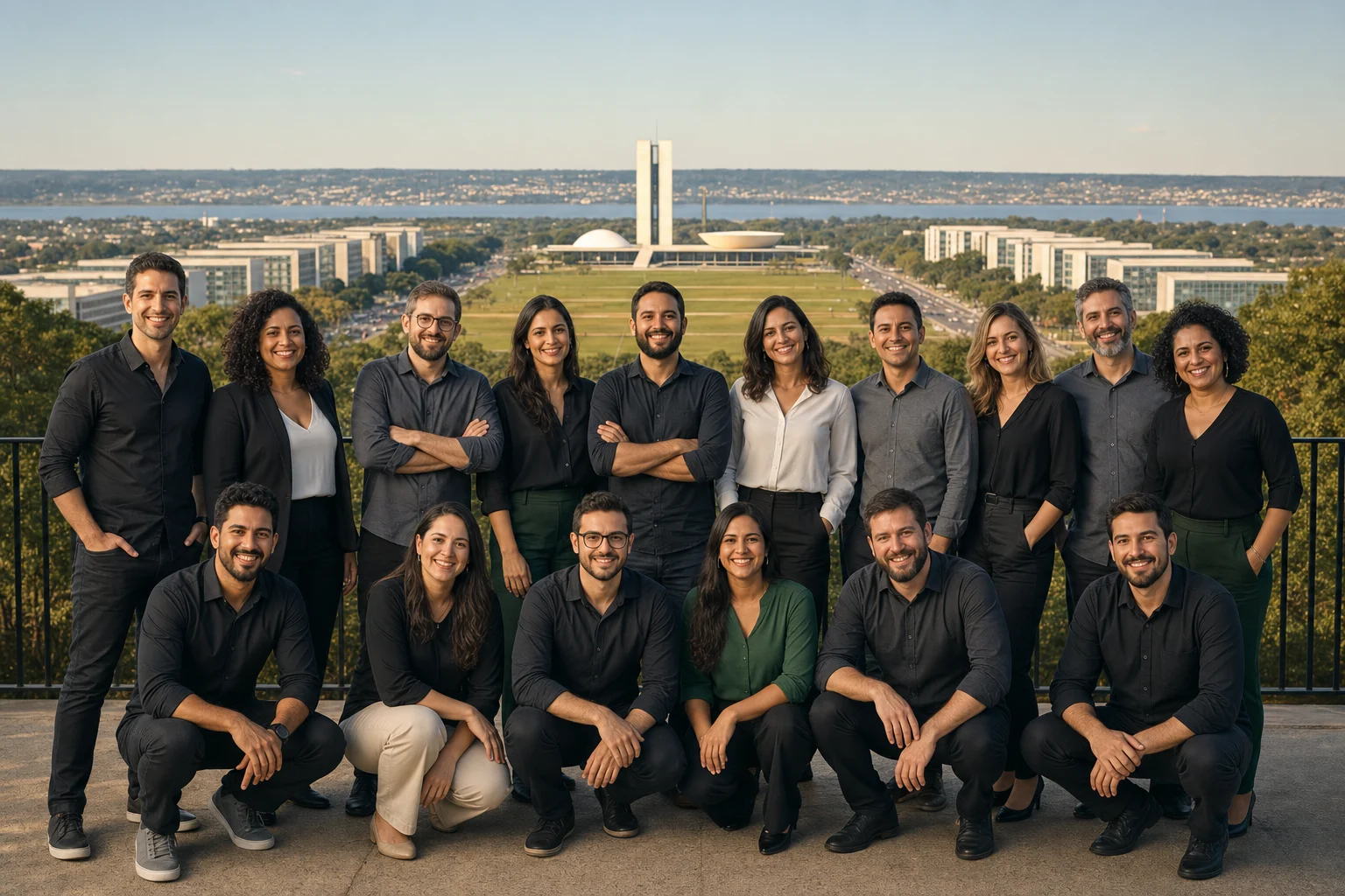 Equipe de tecnologia reunida com o Eixo Monumental de Brasília ao fundo
