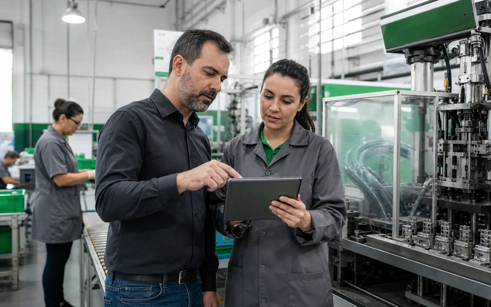 Gestores acompanhando a produção de uma pequena indústria