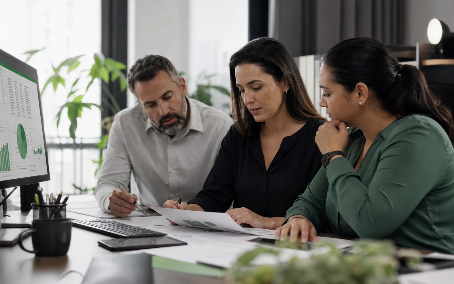 Equipe de serviços analisando informações de negócio