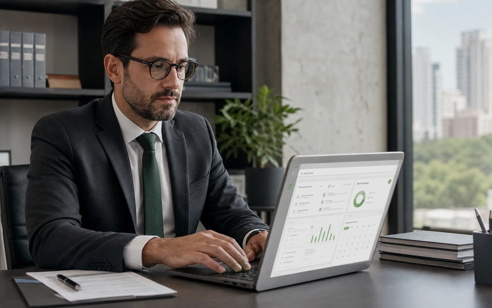 Profissional jurídico utilizando software de gestão no notebook