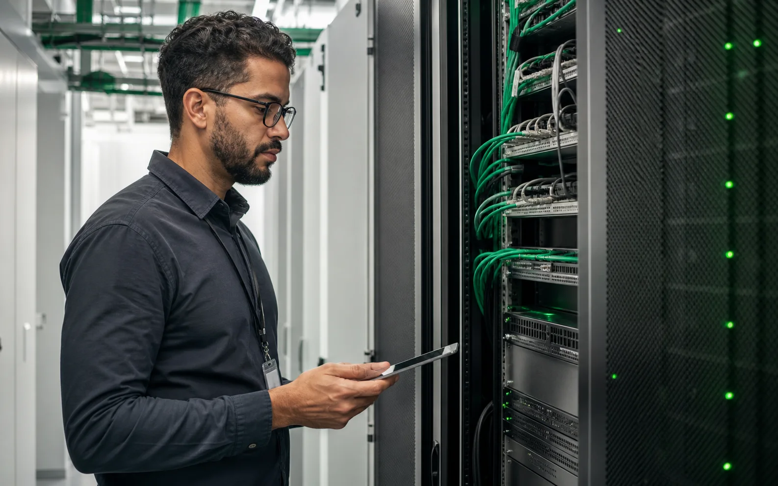 Especialista acompanhando servidores e conectividade em data center