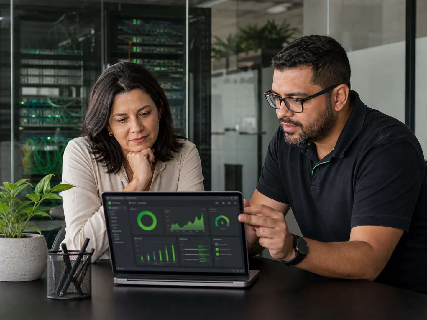 Empreendedora e especialista analisando software conectado à infraestrutura da empresa